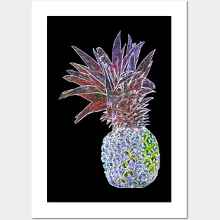 Pineapple sparkly neon design on black Posters and Art